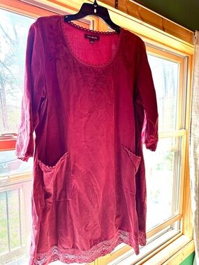 April Cornell Wine Red Embroidered Scoop-Neck Tunic